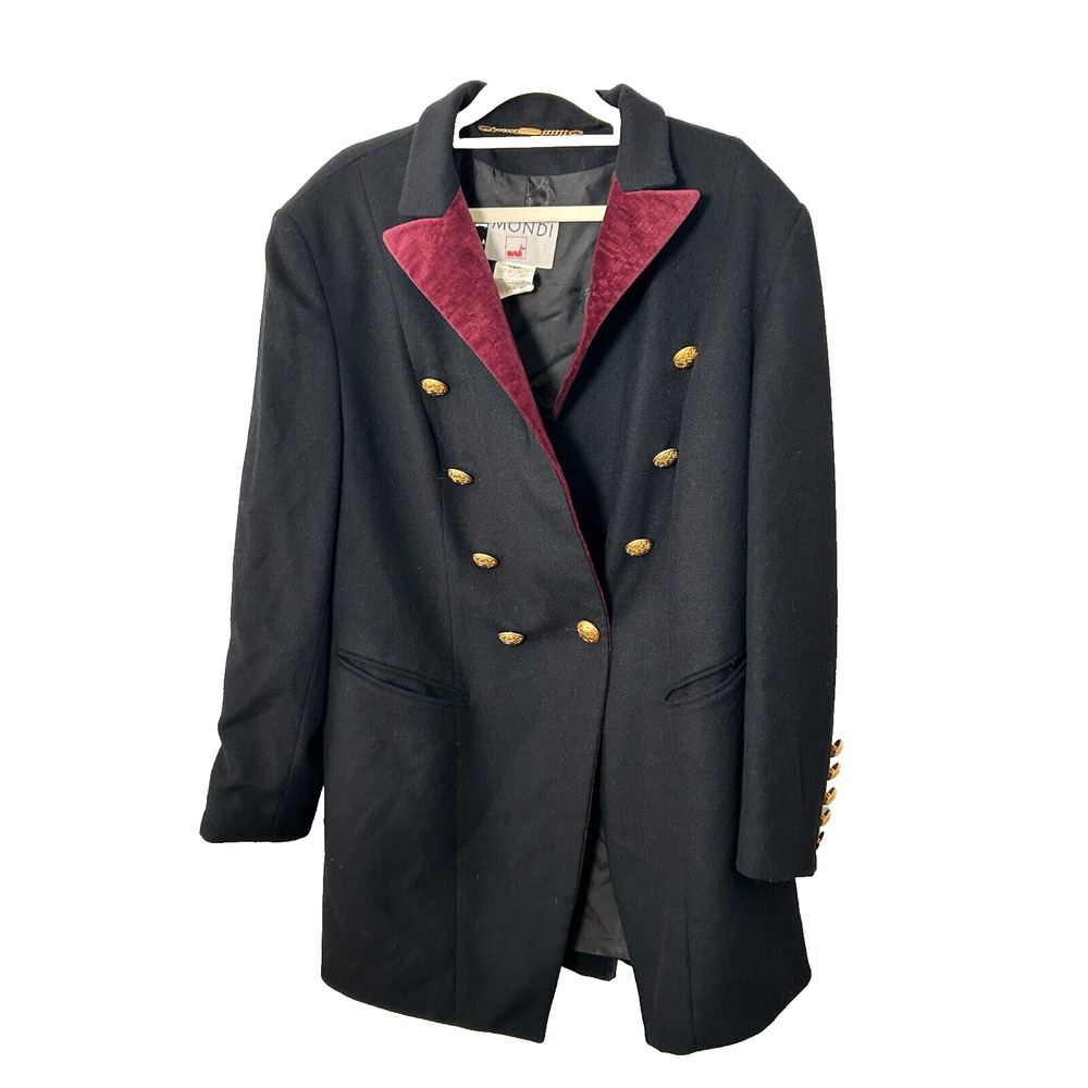 Vtg Mondi Womens Black Wool Military Inspired Gold Buttons Coat Velvet Lapel 42